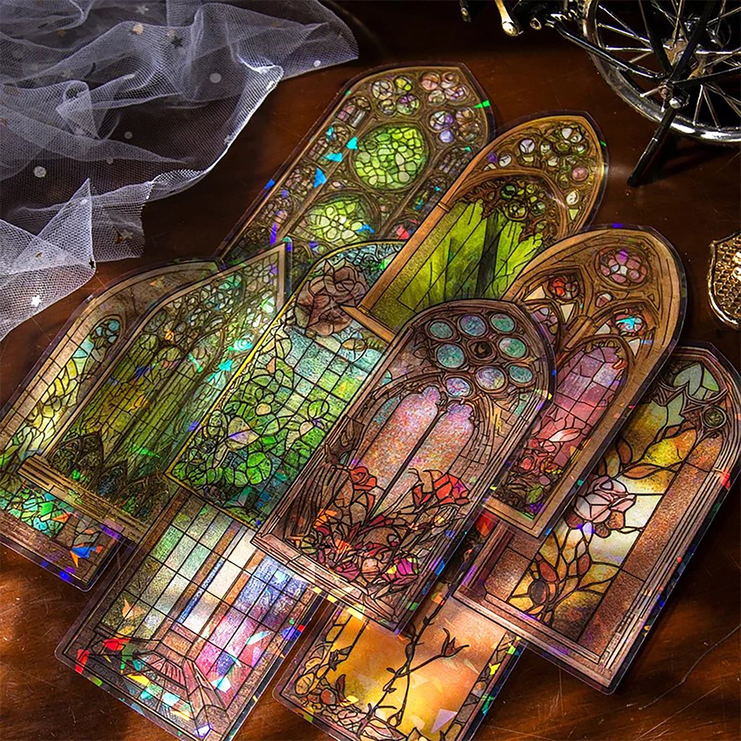 Stained Glass Stickers Pack | Church windows with flower holographic Adhesive Deco Sticker