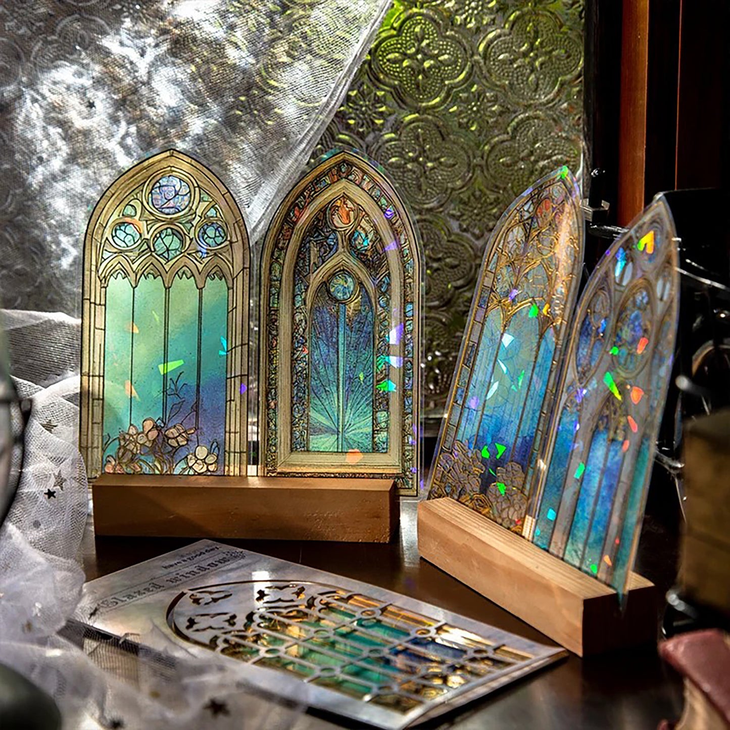 Stained Glass Stickers Pack | Church windows with flower holographic Adhesive Deco Sticker