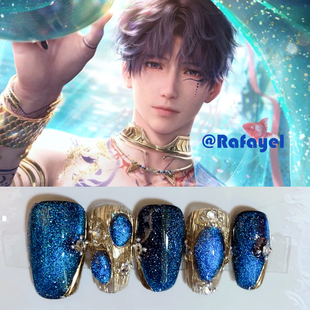 A detailed illustration of a fantasy character rafayel from love and deepspace with soft purple hair, holding an orb against a background of a shimmering, underwater scene. Below, a set of intricately designed nails featuring dark blue glitter and gold accents, adorned with small gemstones.