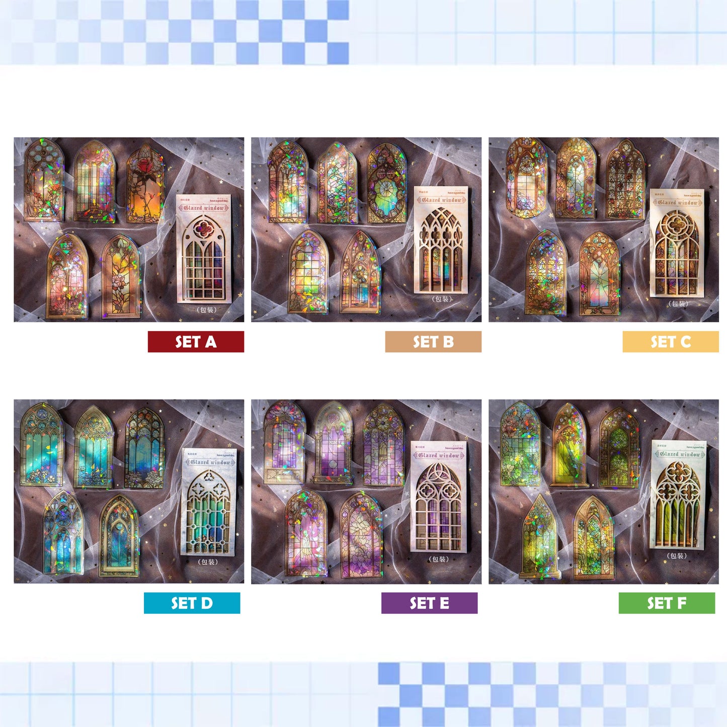 Stained Glass Stickers Pack | Church windows with flower holographic Adhesive Deco Sticker